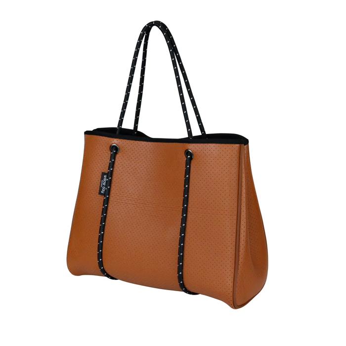 DAYDREAMER Neoprene Tote Bag with Closure - TAN LEATHER LOOK