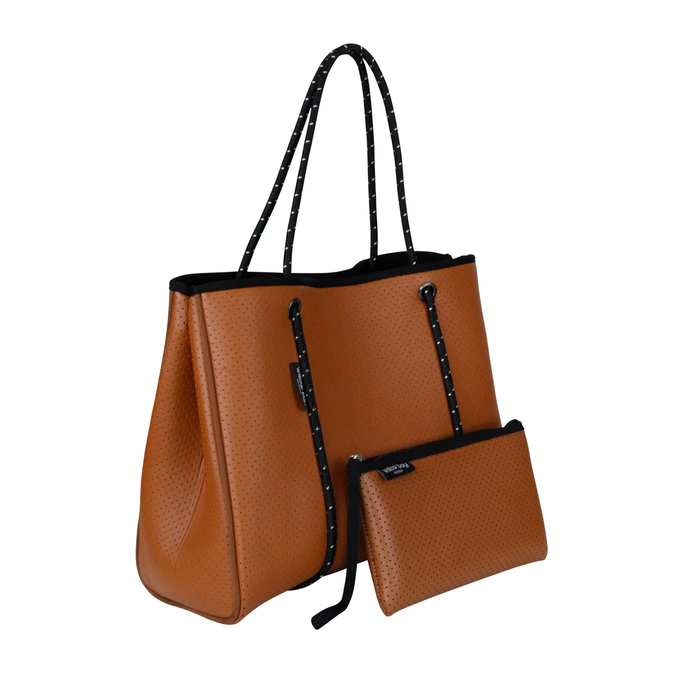 DAYDREAMER Neoprene Tote Bag with Closure - TAN LEATHER LOOK
